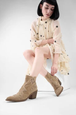 AUSTIN Almond-beige Suede Embellished Texan Boots. -Untamedstreet Shop AUSTIN warm beige suede embellished texan boots LF SS25 02366
