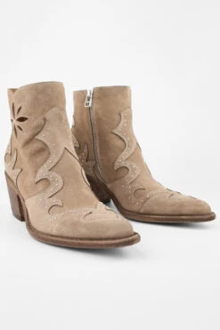 AUSTIN Almond-beige Suede Embellished Texan Boots. -Untamedstreet Shop AUSTINwarm beigesuedeembellishedtexanbootsFRONT 08155