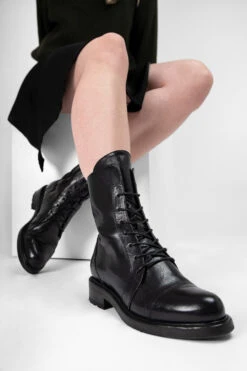 AVERY Jet-black Lace Up Boots. -Untamedstreet Shop AVERY women boots military black luxury buffalo leather distressed made in italy10388