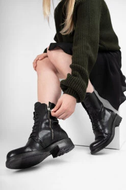 AVERY Jet-black Lace Up Boots. -Untamedstreet Shop AVERY women boots military black luxury buffalo leather distressed made in italy10393