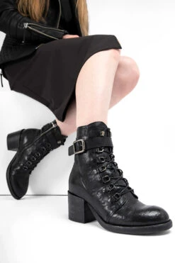 BERKELEY Charcoal-black Lace Up Boots. -Untamedstreet Shop BERKELEY women boots military mid heel lace up black luxury calf leather distressed made in italy10958