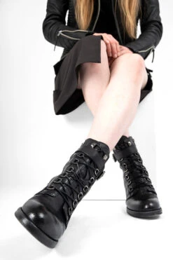 BERKELEY Charcoal-black Lace Up Boots. -Untamedstreet Shop BERKELEY women boots military mid heel lace up black luxury calf leather distressed made in italy10975