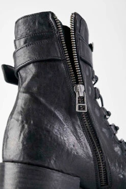 BERKELEY Charcoal-black Lace Up Boots. -Untamedstreet Shop BERKELEY women boots military mid heel lace up black luxury calf leather distressed made in italy8535