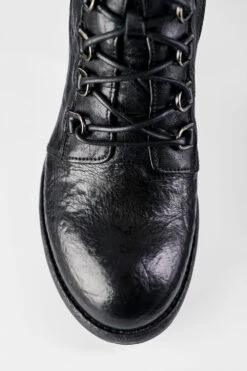 BERKELEY Charcoal-black Lace Up Boots. -Untamedstreet Shop BERKELEY women boots military mid heel lace up black luxury calf leather distressed made in italy8540