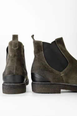 BROMPTON Dark-moss Suede Chelsea Boots. -Untamedstreet Shop BROMPTON men ankle boots lace up green brown luxury suede leather distressed made in italyBACK 0313