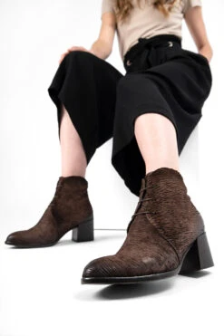 CAROE Coffee-brown Carved Leather Lace Up Boots. -Untamedstreet Shop CAROE women boots mid heel lace up brown luxury calf leather distressed made in italy10911