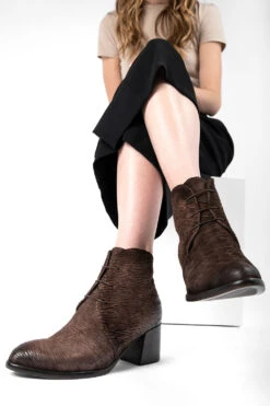 CAROE Coffee-brown Carved Leather Lace Up Boots. -Untamedstreet Shop CAROE women boots mid heel lace up brown luxury calf leather distressed made in italy10915