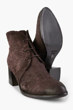 CAROE Coffee-brown Carved Leather Lace Up Boots. -Untamedstreet Shop CAROE women boots mid heel lace up brown luxury calf leather distressed made in italy8462