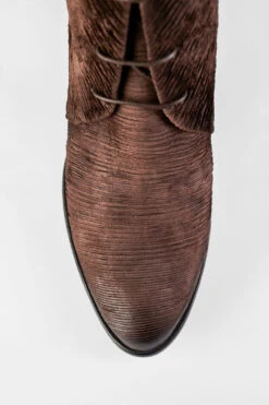 CAROE Coffee-brown Carved Leather Lace Up Boots. -Untamedstreet Shop CAROE women boots mid heel lace up brown luxury calf leather distressed made in italy8560