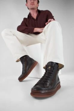 COLE Dark-cocoa Welted Double-zip High Sneakers. -Untamedstreet Shop COLE men sneakers trainers high dark cocoa brown luxury calf leathermade in italyLF SS24 04823