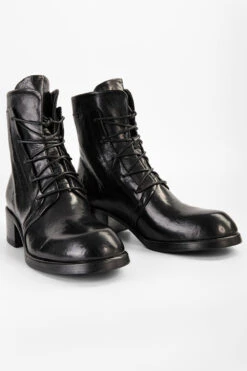 EXETER Jet-black Lace Up Boots. -Untamedstreet Shop EXETER women boots lace up black luxury calf leather distressed made in italyFRONT 0328