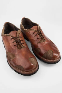 HARVEY Tan-brown Leather & Canvas Oxford Shoes. -Untamedstreet Shop HARVEYbrownoverlappingleathercanvasderbyshoesFRONT 08029