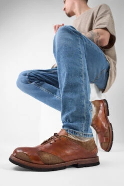 HARVEY Tan-brown Leather & Canvas Oxford Shoes. -Untamedstreet Shop HARVEYrich tanleather canvasderbyshoesLF SS25 01437