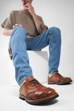 HARVEY Tan-brown Leather & Canvas Oxford Shoes. -Untamedstreet Shop HARVEYrich tanleather canvasderbyshoesLF SS25 01460