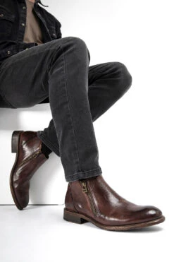 KNIGHTON Noble-brown Double-zip Low Ankle Boots. -Untamedstreet Shop KNIGHTON men boots chukka laceless dark brown luxury buffalo leather distressed made in italy10418