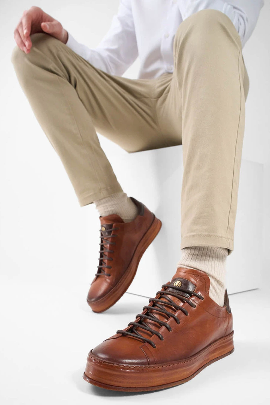 HAYES Cognac Distressed Welted Sneakers. 4 HAYES Cognac Distressed Welted Sneakers. - Image 4