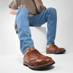 HARVEY Tan-brown Leather & Canvas Oxford Shoes. -Untamedstreet Shop LF SS25 01460 SQ