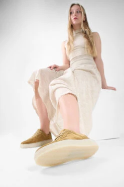 MAEVE Cool-mustard Suede Sneakers. -Untamedstreet Shop MAEVE ochre yellow suede sneaker LF SS25 03291