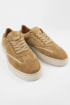 MAEVE Cool-mustard Suede Wingtip Sneakers. -Untamedstreet Shop MAEVE ochre yellow suede wingtip sneaker FRONT 08106