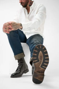 ASTON Cigar-brown Military Boots. 15 ASTON Cigar-brown Military Boots. -Untamedstreet Shop Men wearing ASTON cigar brown military leather boots 24267