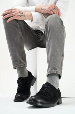 BOLTON Ink-black Suede Layered Derby Shoes. -Untamedstreet Shop Men wearing BOLTON black suede derby shoes 24466