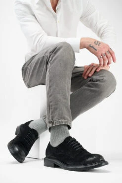 BOLTON Ink-black Suede Layered Derby Shoes. -Untamedstreet Shop Men wearing BOLTON black suede derby shoes 24475