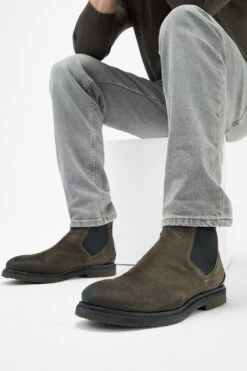 BROMPTON Dark-moss Suede Chelsea Boots. -Untamedstreet Shop Men wearing BROMPTON dark moss suede chelsea boots 243873