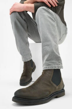 BROMPTON Dark-moss Suede Chelsea Boots. -Untamedstreet Shop Men wearing BROMPTON dark moss suede chelsea boots 243875