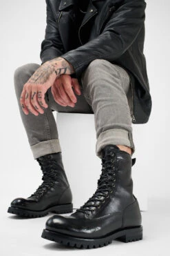 CAMDEN Jet-black Military Boots. -Untamedstreet Shop Men wearing CAMDEN jet black military leather boots 24075
