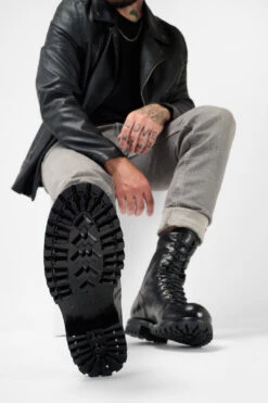 CAMDEN Jet-black Military Boots. -Untamedstreet Shop Men wearing CAMDEN jet black military leather boots 24085
