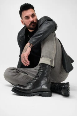 CAMDEN Jet-black Military Boots. -Untamedstreet Shop Men wearing CAMDEN jet black military leather boots 24095