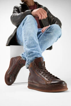 COLE Cognac Welted Distressed High Sneakers. -Untamedstreet Shop Men wearing COLE cognac welted distressed high sneakers 243101