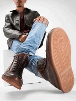 COLE Cognac Welted Distressed High Sneakers. -Untamedstreet Shop Men wearing COLE cognac welted distressed high sneakers 243124