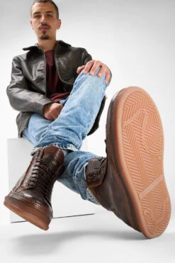 COLE Cognac Welted Distressed High Sneakers. -Untamedstreet Shop Men wearing COLE cognac welted distressed high sneakers 243124