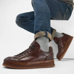 COLE Cognac Welted Distressed Sneakers. -Untamedstreet Shop Men wearing COLE cognac welted distressed leather sneakers 242273