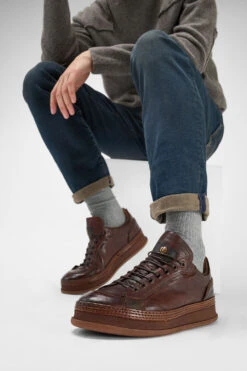 COLE Cognac Welted Distressed Sneakers. -Untamedstreet Shop Men wearing COLE cognac welted distressed leather sneakers 242284