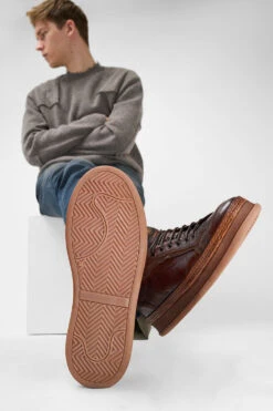 COLE Cognac Welted Distressed Sneakers. -Untamedstreet Shop Men wearing COLE cognac welted distressed leather sneakers 242288