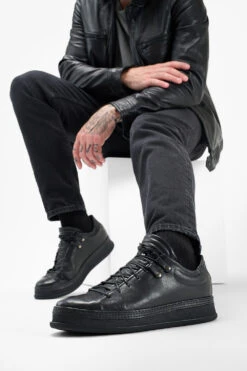 COLE Rugged-black Welted Distressed Loop Sneakers. -Untamedstreet Shop Men wearing COLE rugged black welted distressed leather sneakers 24880