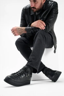 COLE Rugged-black Welted Distressed Loop Sneakers. -Untamedstreet Shop Men wearing COLE rugged black welted distressed leather sneakers 24896