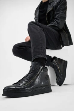 COLE Rugged-black Welted Double-zip High Sneakers. 22 COLE Rugged-black Welted Double-zip High Sneakers. -Untamedstreet Shop Men wearing COLE rugged black welted distressed zipped high leather sneakers 244046