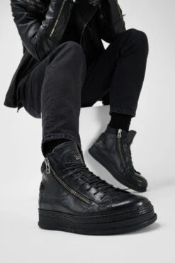 COLE Rugged-black Welted Double-zip High Sneakers. 29 COLE Rugged-black Welted Double-zip High Sneakers. -Untamedstreet Shop Men wearing COLE rugged black welted distressed zipped high leather sneakers 244062