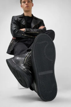 COLE Rugged-black Welted Double-zip High Sneakers. 17 COLE Rugged-black Welted Double-zip High Sneakers. -Untamedstreet Shop Men wearing COLE rugged black welted distressed zipped high leather sneakers 244068