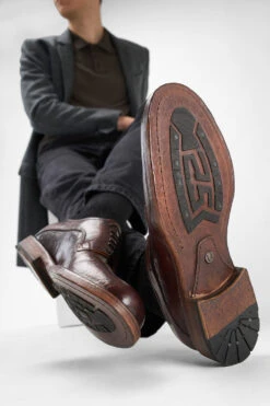 EYTON Raw-timber Derby Shoes. -Untamedstreet Shop Men wearing EYTON umber brown derby leather shoes 243088