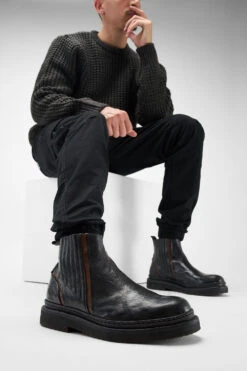 HOVE Jet-black Welted Chelsea Boots. -Untamedstreet Shop Men wearing HOVE jet black welted chelsea leather boots 245011