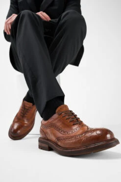 LENNOX Cognac Brogue Oxford Shoes. 20 LENNOX Cognac Brogue Oxford Shoes. -Untamedstreet Shop Men wearing LENNOX cognac brogue oxford leather shoes 243474