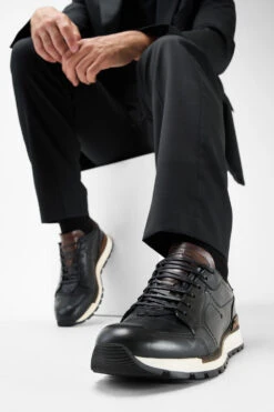 OWEN Tuxedo-black Triple Stitched Wingtip Patina Runners. -Untamedstreet Shop Men wearing OWEN tuxedo black triple stitched wingtip patina leather runners 242769