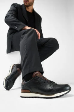 OWEN Tuxedo-black Triple Stitched Wingtip Patina Runners. -Untamedstreet Shop Men wearing OWEN tuxedo black triple stitched wingtip patina leather runners 242783