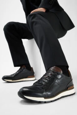 OWEN Tuxedo-black Triple Stitched Wingtip Patina Runners. -Untamedstreet Shop Men wearing OWEN tuxedo black triple stitched wingtip patina leather runners 242794