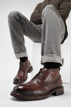ROWLEY Raw-chestnut Folded Chukka Boots. -Untamedstreet Shop Men wearing ROWLEY chestnut brown leather folded chukka boots 242226