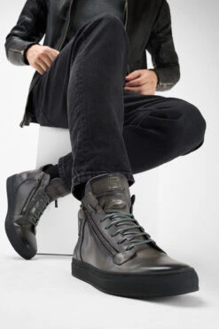 SOHO LOUNGE Aluminium-grey Patina High Sneakers. -Untamedstreet Shop Men wearing SOHO LOUNGE aluminium grey patina leather high sneakers 243280